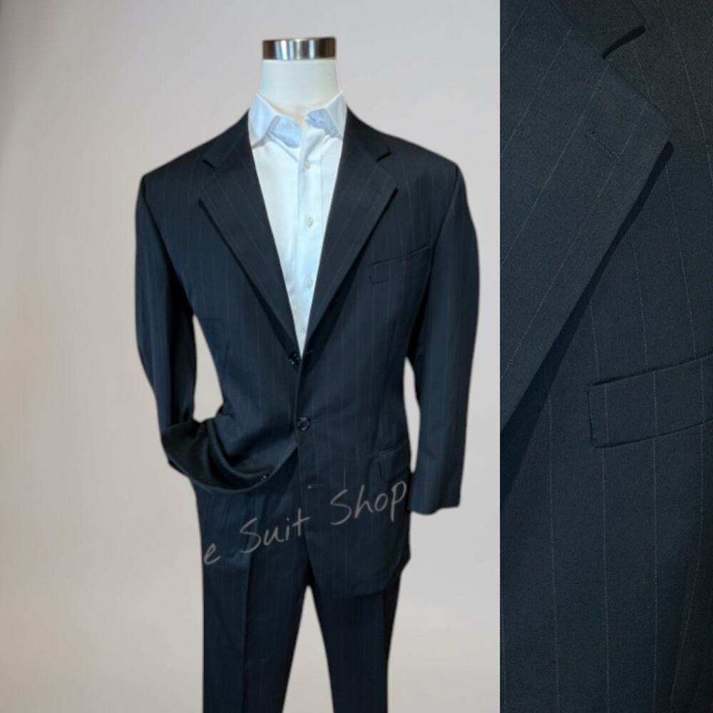 Vintage Kasper Mens 44L 35x29 Black Banker's Stripe Suit Virgin Wool 3/2 Roll